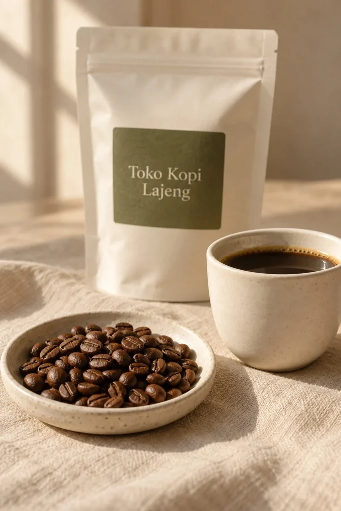 Visual konsep AI biji kopi dan secangkir kopi dengan kemasan ivory
