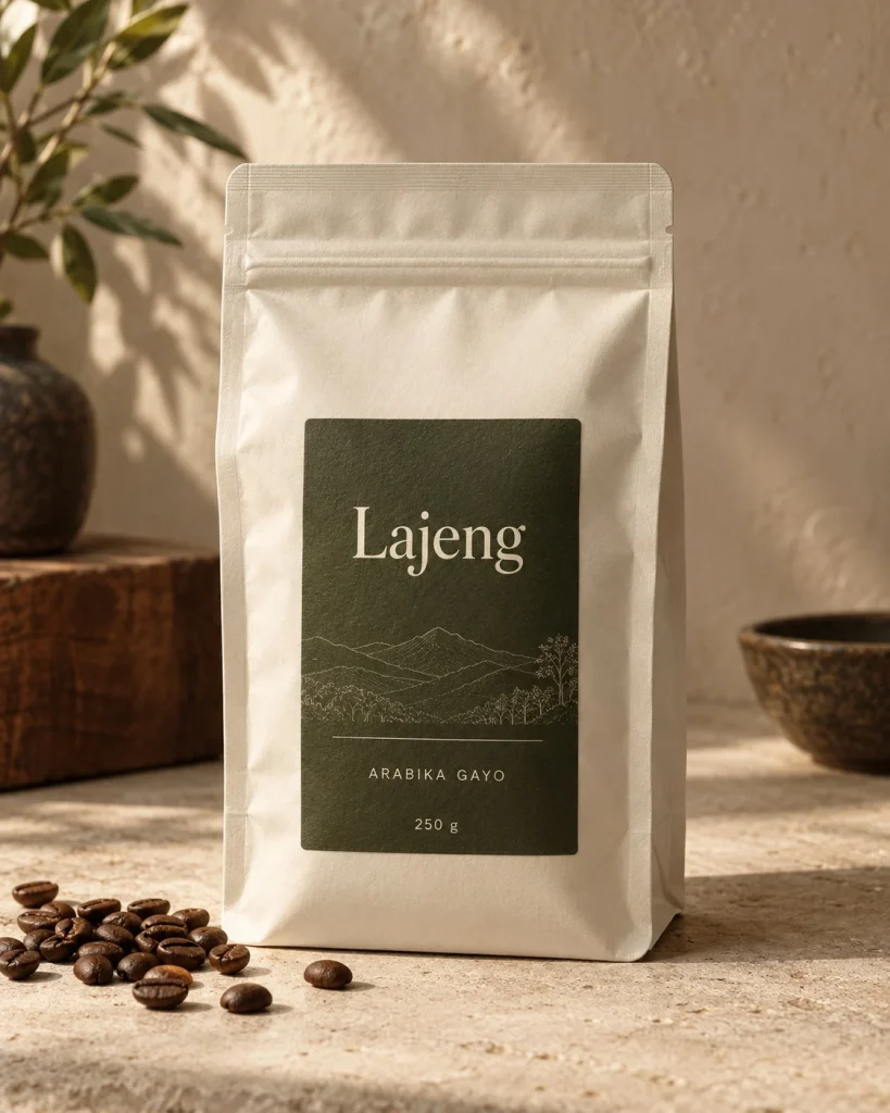 Kemasan ivory kopi Arabika Gayo Lajeng 250 g