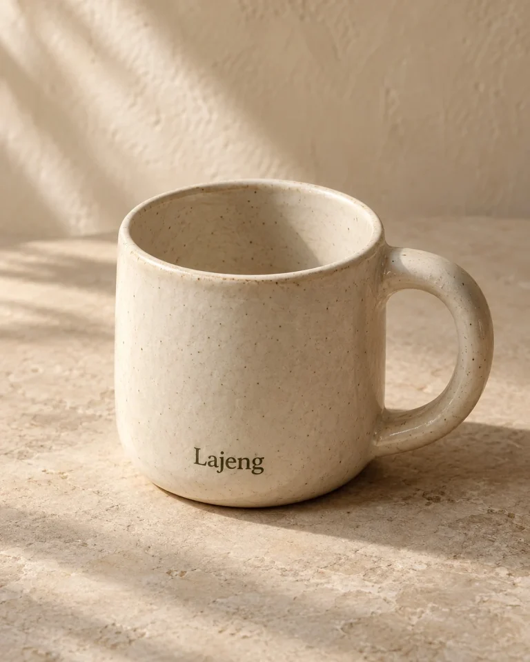 Mug keramik ivory dengan tulisan Lajeng