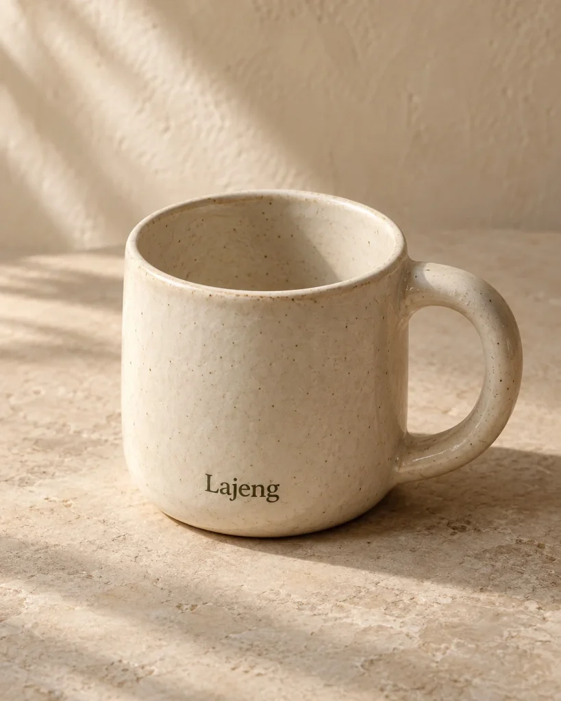 Mug keramik ivory dengan tulisan Lajeng