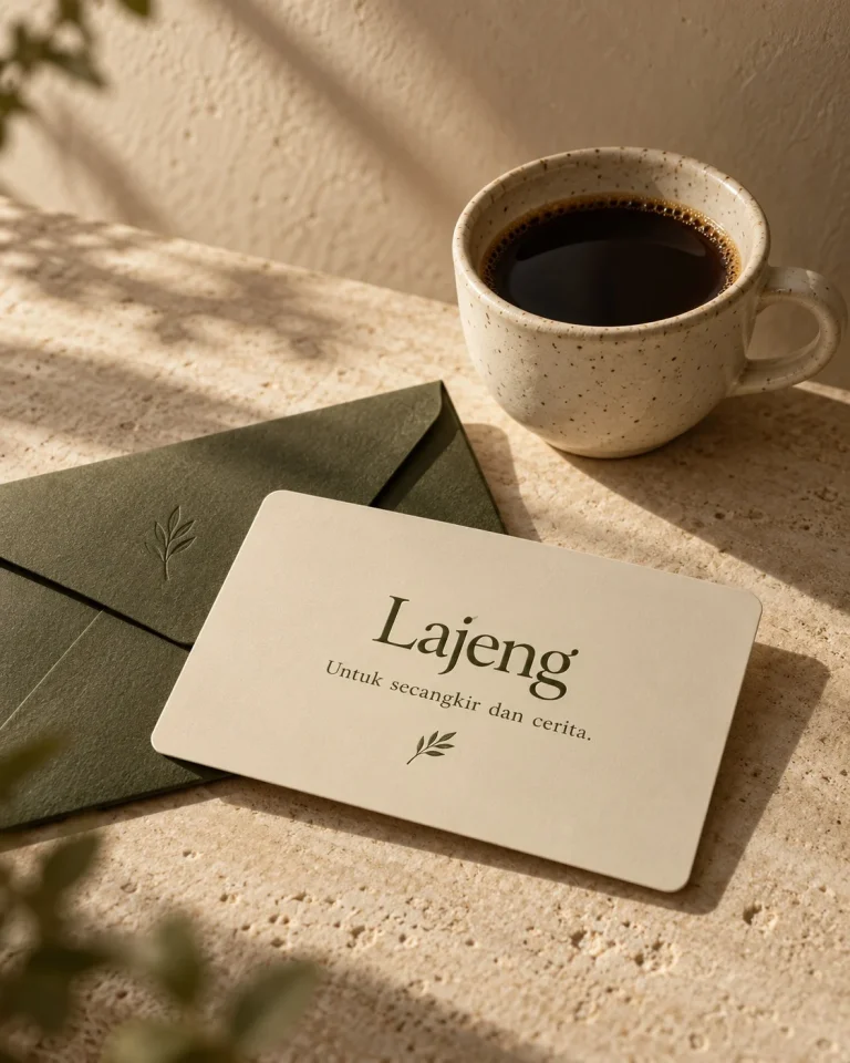 Kartu hadiah Lajeng dengan amplop olive dan secangkir kopi