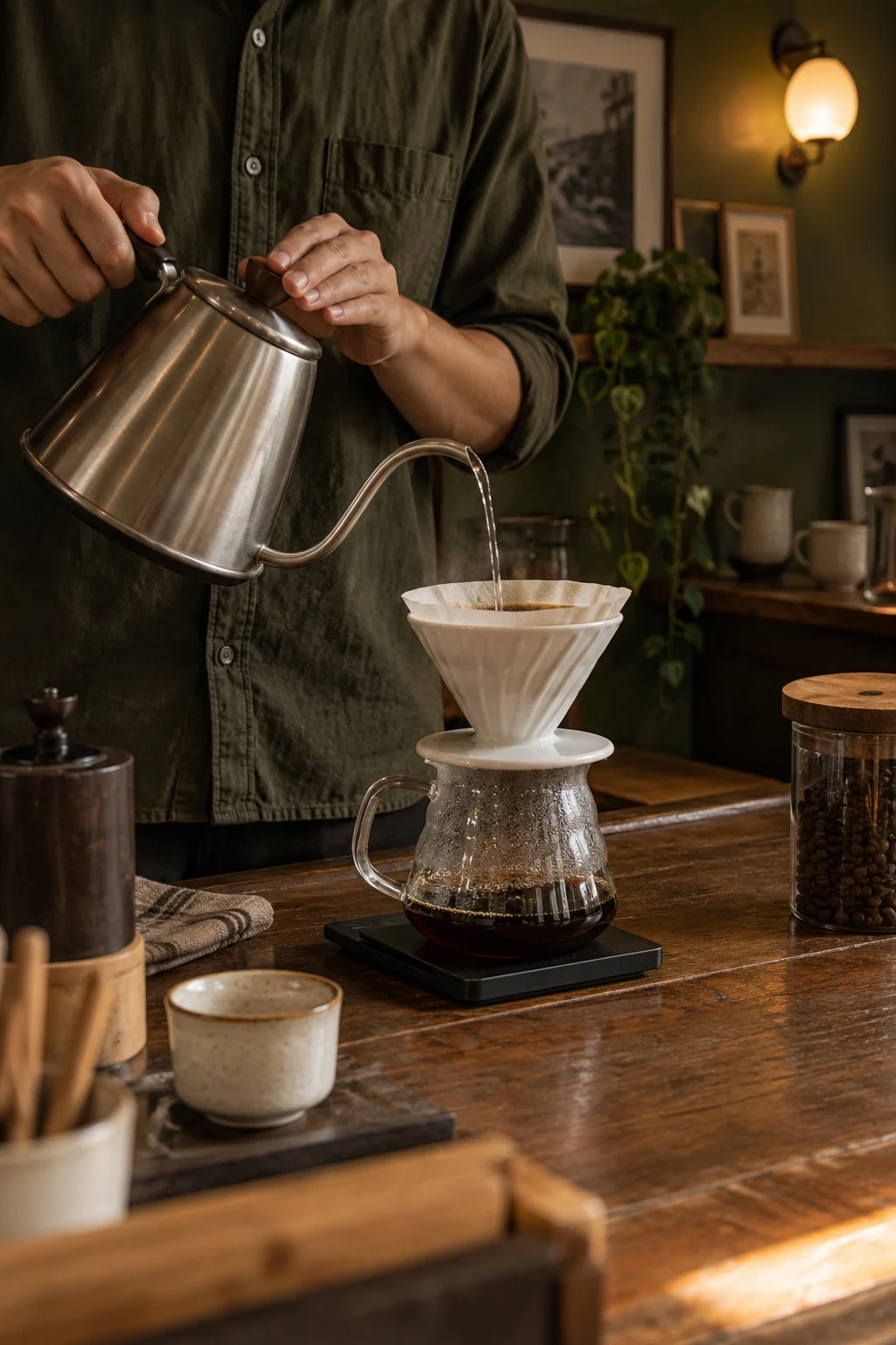 Tangan barista menyeduh kopi dengan dripper dan kettle